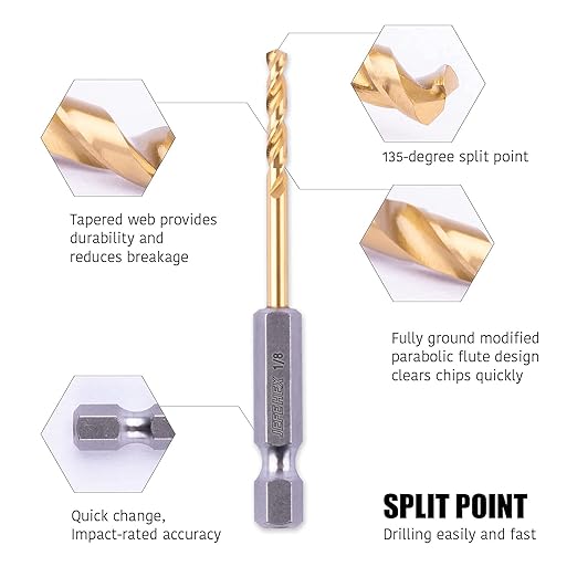 JEFE HEX 3/32" 12 PCS Hex Shank Drill Bit for Quick Change, HSS Titanium Twist Bit, 135 Degree Split Point, Precision Start Drill Bit for Wood, Plastics, Steel, Copper, Aluminum Alloy (Pack of 12)