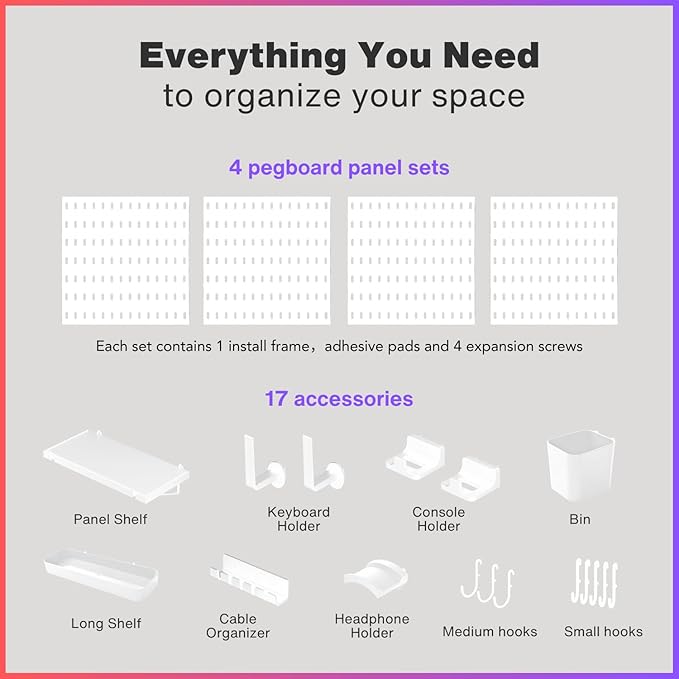 Keepo Pegboard Combination Kit, Modular Hanging Organizer with Pegboards, Accessories for Gaming Setup, Wall Game Controller Holder, Headset Stand (White, 22"22")