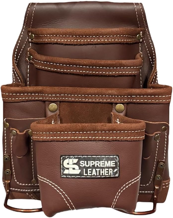 Supreme Leather Tool Pouch for Construction Carpenter Tool Bag Electrician's Pouch | 10 Pockets 2 Stainless Steel Hammer Holders Top Grain Leather Bag