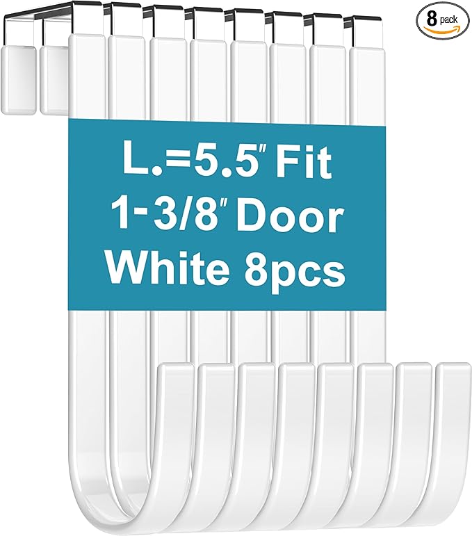 Over The Door Metal Hooks with Plastic Coating 5.5" Fit 0.5" to 1 3/8" Door 8 Pcs Heavy Duty Single Towel Robe Rack Wreath Bathroom Shower Hanger Shoe Organizer Ironing Board Short White