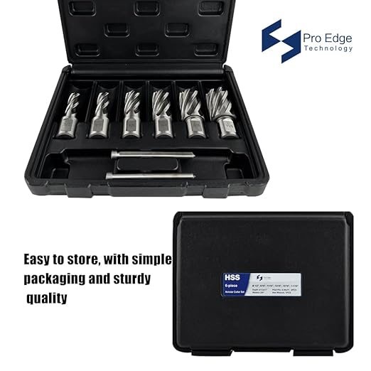 Pro Edge 6pcs Annular Cutter Set, 1" Cutting Depth, 1/2" to 1-1/16" Cutting Diameter, M2 Mag Drill Bits for Magnetic Drill Press with 2 Pilot Pin & 1 Hex Wrench, for Steel, Aluminum, Copper