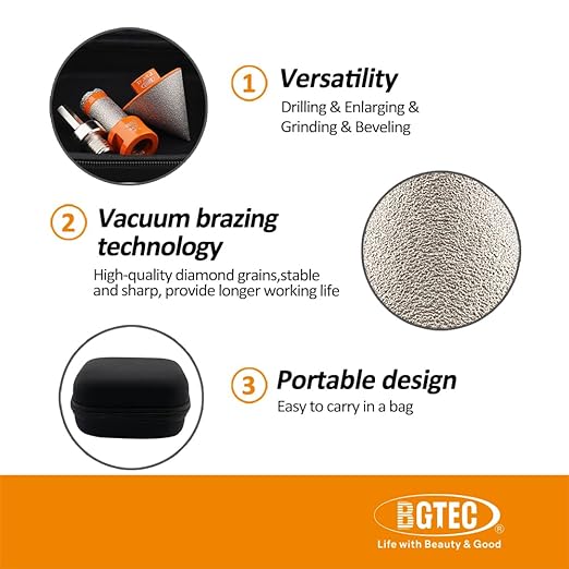 Diamond Core Drill Bit Kit BGTEC Diamond Hole Saw Tile Cutter for Porcelain Tile Ceramic Marble Brick, 5/8"-11 Thread 20mm+0-20mm Diamond Chamfer Finger Bit+HEX Adapter