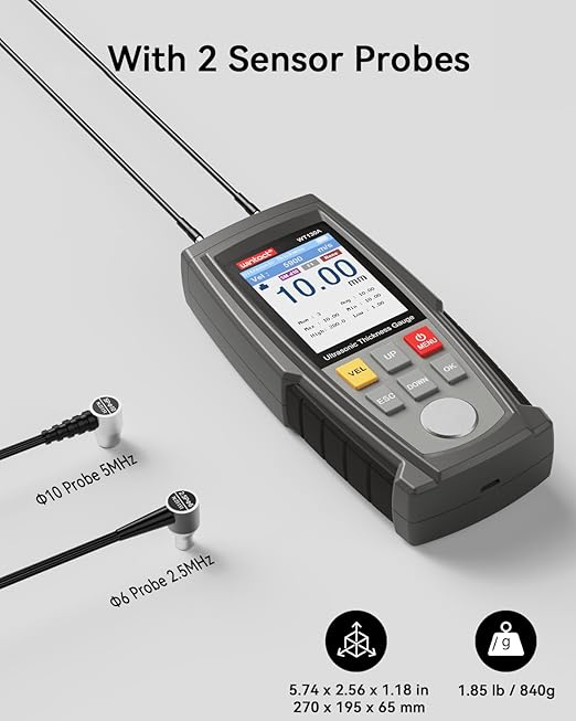 Wintact Digital Ultrasonic Thickness Gauge, Range 0.039 to 11.81 in with Probe for Measuring Metal and Nonmetal Materials, Steel, Cylinder Wall, Plastic, Glass, PVC, Pipes