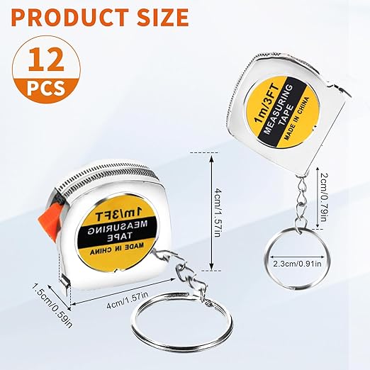 12 Pieces Tape Measure Keychains, 1.5 Inch Functional Mini Tape Measures with Stable Slide Lock Construction Party Favors Measure for Birthday Party Favors Gift Bag Fillers Prize 1m/ 3ft