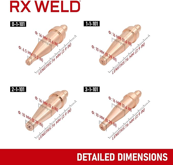 RX WELD 1-101 Series Acetylene Cutting Torch Tips, Size 0-3, Fit V-Style Heavy Duty Torch - Pack of 4