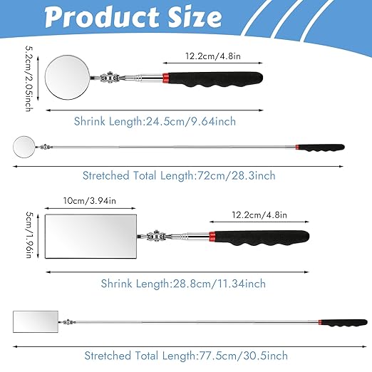 2 Pieces Telescoping Inspection Mirror, 360° Swivel Extendable Mechanic Automotive Mirrors Tools, Rectangular Round Mirror on a Stick for Mechanics, Automotive Repair, Contractors, Home Inspection