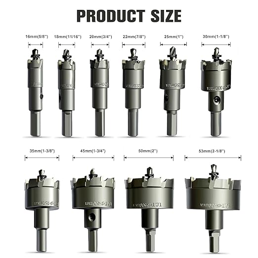 10Pcs TCT Carbide Hole Saw Kit for Metal, 5/8" to 2-1/8" Pilot Drill Bits for Metal, Tungsten Carbide Hole Cutter Set, Titanium-Plated Stainless Steel for Iron, Wood, Plastic