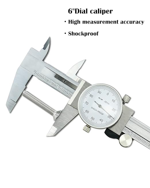 6 Inch Dial Caliper +/-0.001 Inch Accuracy, Shockproof Hardened Stainless Steel Metal 4-Way Measurement Calipers Measuring Tool with Plastic Case