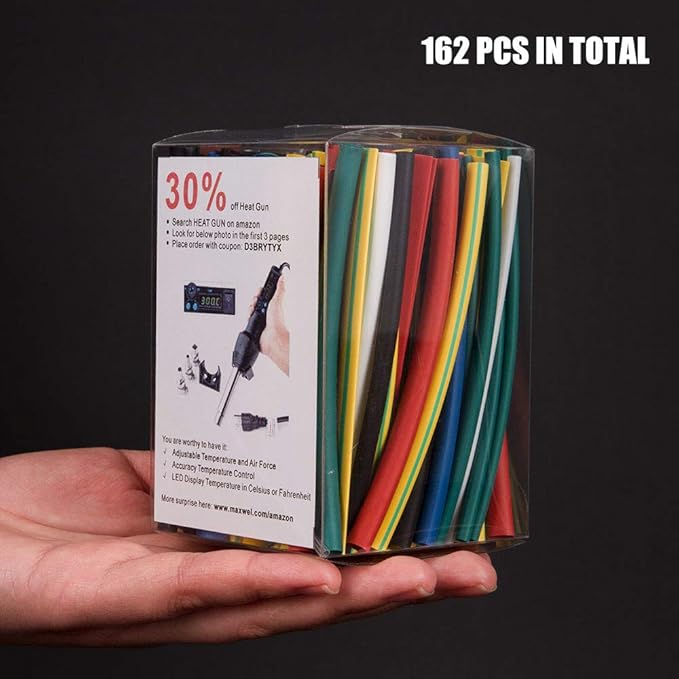 High Heat Shrink Tubing Tube - 2:1 Heat Shrink Ratio Flame Retardant 9 Color 6 Size 162 PCS in Transparent Plastic Box