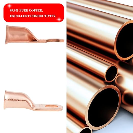 10 PCS 2AWG - 1/4''Stud Heavy Duty Copper Terminals,Battery Cable Crimp Lugs,Battery Cable Ends, Bare Copper Eyelets Tubular Ring Terminals,Closed End Crimp Electric Connectors