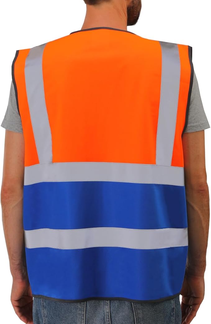 Dib Safety Reflective Vest High Visibility with Pockets and Zipper, Orange and Blue S