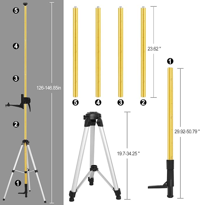 Telescoping Laser Level Pole with Tripod, 12Ft./3.7M Laser Level Tripod Include 1/4-Inch by 20-Inch Mount for Rotary and Line Laser Level, Laser Stand with 5/8”-11 Threaded Adapter