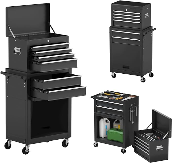 Goplus Rolling Tool Chest, 6-Drawer Tool Box Organizer w/Auto Locking System & Lockable Wheels & Sliding Drawers & Detachable Top, Tool Storage Cabinet for Garage Workshop (Black) …