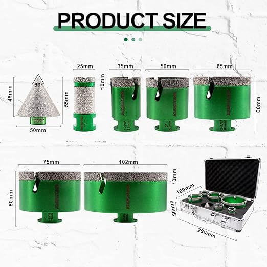Tile Hole Saw Kit - 5pcs 35/50/65/75/102mm Diamond Core Drill Bits+1" Versatile Drilling Milling Bit+2" Beveling Chamfer Bit 5/8-11" Thread for Porcelain Ceramic Granite Marble Angle Grinder