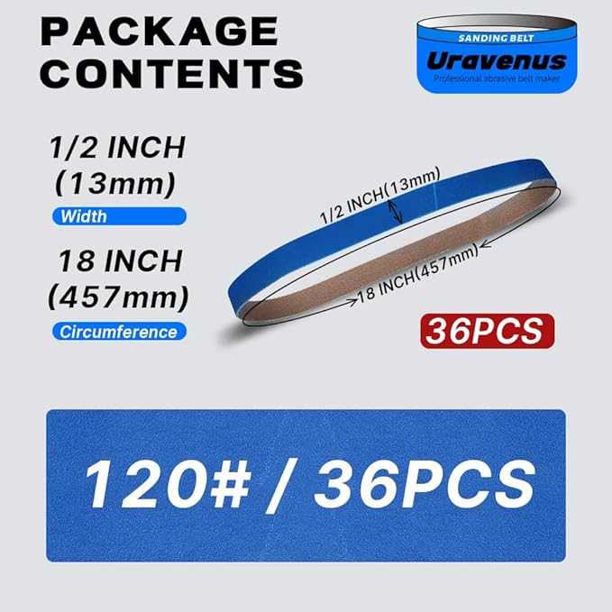 1/2 x 18 Inch Sanding Belts, 36 Pcs 120 Grit, Zirconia Sanding Belts for Fine Finishing, Metal Polishing, Woodworking