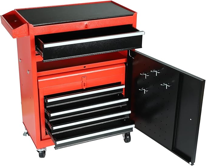 5-Drawer 2 in 1 Rolling Tool Chest, Tool Storage Cabinet w/Drawers, Wheels, Detachable Top, Mechanic Tool Organizer Box for Garage, Workshop, Warehouse Red & Black Durable Lockable