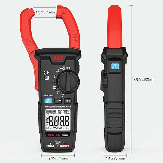 MESTEK Digital Clamp Meter Multimeter, TRMS 6000 Counts Auto-ranging Amp Voltage Tester, Measures AC/DC Current, Voltage, Temperature, Capacitance, Resistance, Continuity, Diode & NCV