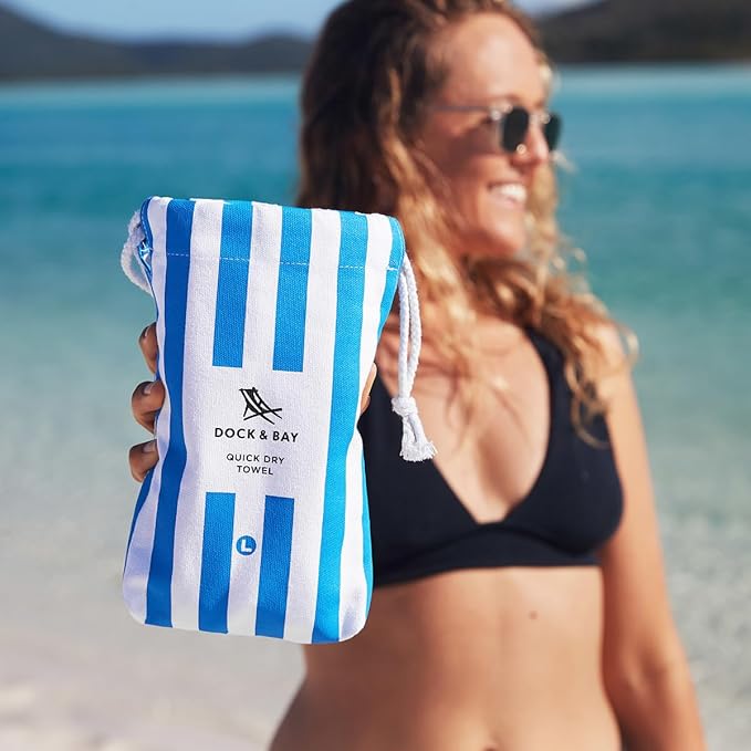 Dock & Bay Beach Towel - Quick Dry, Sand Free - Compact, Lightweight - 100% Recycled - Includes Bag - Cabana - Blue - Extra Large (200x90cm, 78x35)