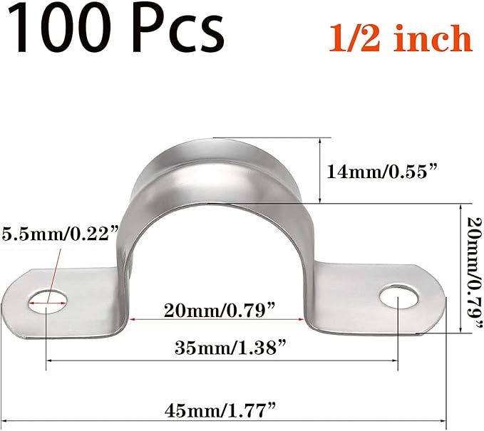 100 Pcs 1/2inch Rigid Pipe Strap,Two Hole Stainless Steel Strap U Bracket, Widened Tube Strap Tension Clip Assortment Kit Heavy Duty Pipe Clamp for Pipe Fixing（20mm）