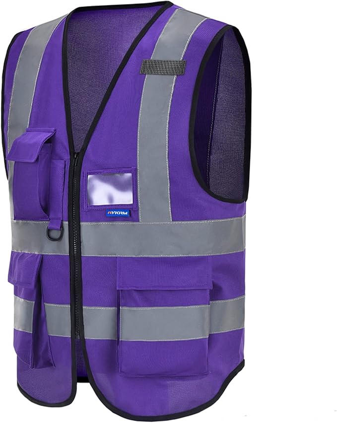 A-SAFETY Purple Reflective Safety Vest - Workwear with 7 Pockets, Hi Vis, Durable, 4 Lower Pockets