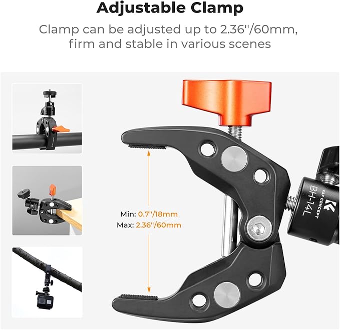 K&F Concept Super Clamp Camera Clamp with 360 Ballhead, Compatible with GoPro/AKASO/Insta360/Pocket 3, 1/4"-20 Screw & Cold Shoe Mount for Camera/Monitor/Light/Microphone
