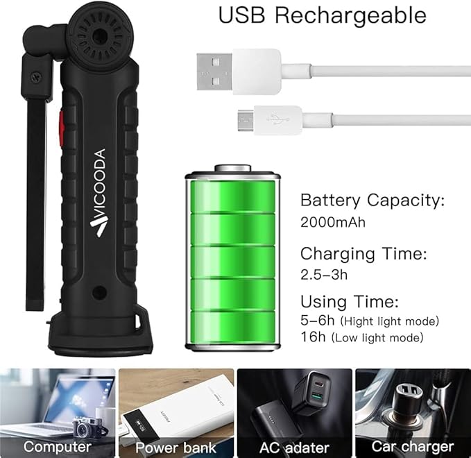 Rechargeable LED Work Light with Magnetic Base, USB 360° Rotating Magnetic Light, 5 Mode Mechanic Flashlight for Car Repair, Emergencies, Tight Areas (3 Pack)