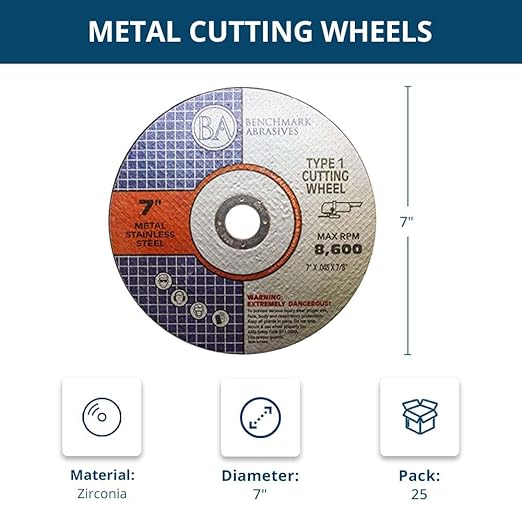 Benchmark Abrasives 7 Inch Aluminum Oxide Thin Type 1 Grinder Cut Off Wheels for Metal and Stainless Steel .045" Thick 7/8" Arbor, Angle Grinder Cutting Disc, Grinding Cutting Wheel - 25 Pack