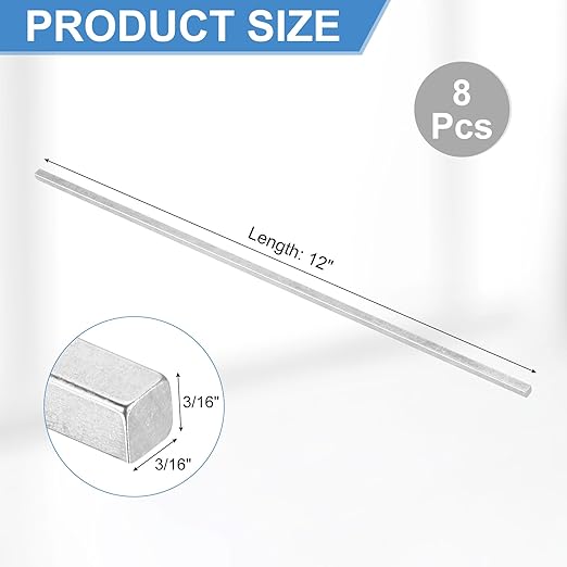 uxcell 8Pcs Square Steel Key Stock, 3/16" x 3/16" x 12" Cold-Drawn 45# Steel Bars Precision Key Stock for Gearbox Coupling, Silver Tone