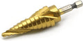 TEMO M35 Cobalt Spiral Flute Step Drill with Titanium Coating, 12 Sizes 3/16 Inch (4.8 mm) to 7/8 Inch (22.2 mm), 1/4 Inch Hex Shank