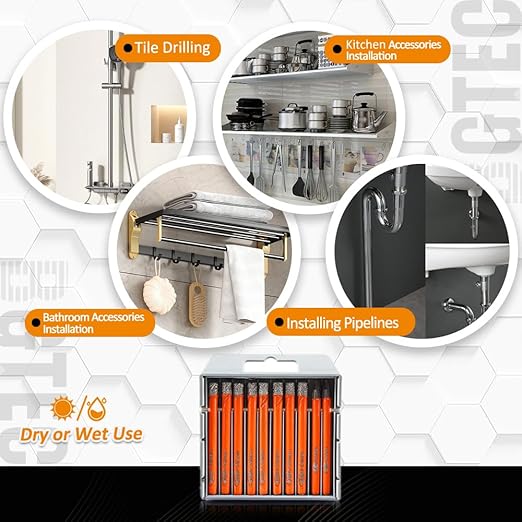 BGTEC Dry Diamond Drill Bits Set - 8pcs 1/4" Tile Drill Bits and 2pcs 1/4" Carbide Drill for Granite Marble Porcelain Ceramic