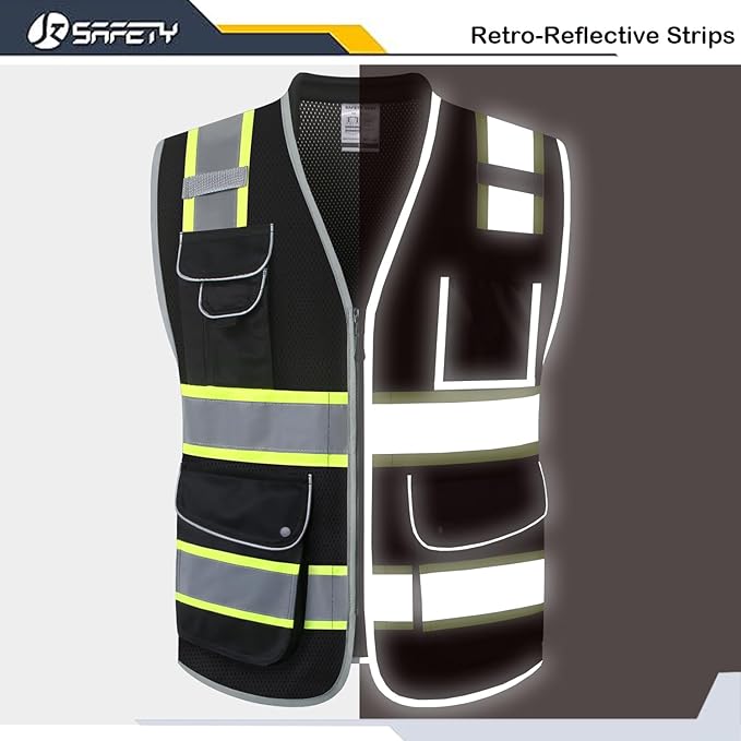 JKSafety 9 Pockets Hi-Vis Black Safety Vest for Men Women High Visibility Reflective Construction Mesh Fabric Cushioned Collar Work Utility PPE Work Gear ANSI/ISEA compliant (101-Black L)