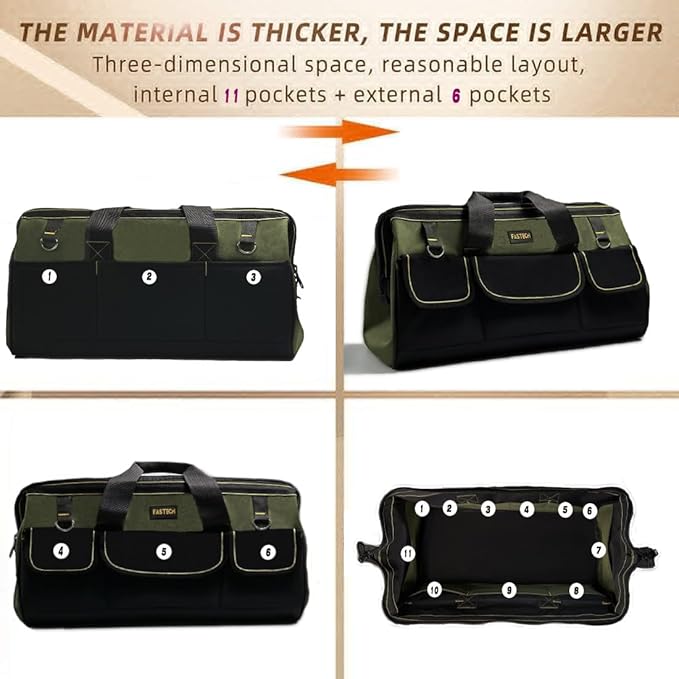22-inch Wide Mouth Tool Bag with Water Proof Molded Base, Wide Mouth Tool Tote Bag, Waterproof Tool Organizer Bag for Men with Adjustable Shoulder Strap(No Bottom Shell)
