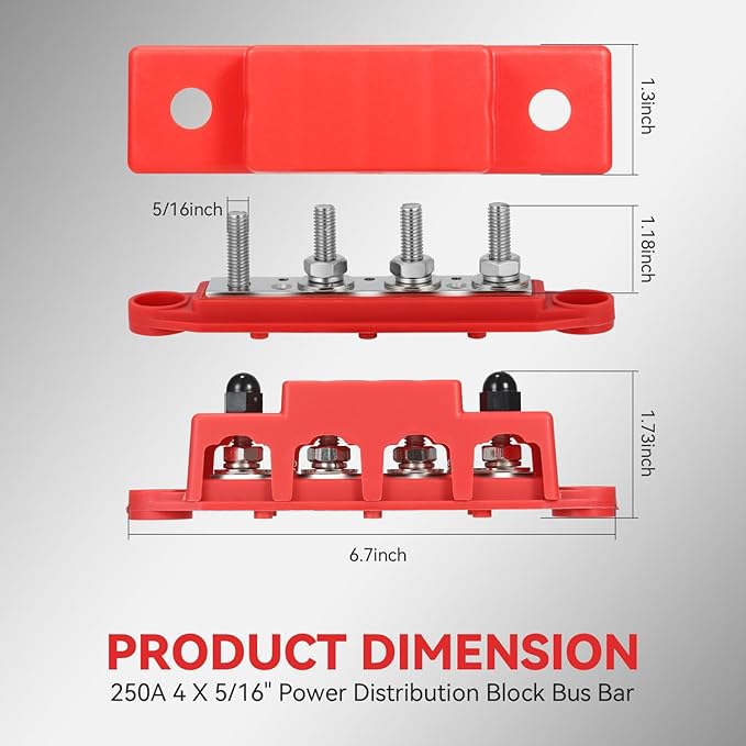 Heart Horse Power Distribution Block Bus Bar 5/16'' Terminal Stud 4 Post with Cover 250 Amp Rating for Marine Automotive and Solar Wiring RV Boat (250A, 5/16'', Red+Black)