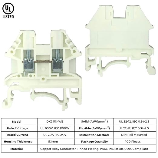 Dinkle White DK2.5N-WE DIN Rail Terminal Block Screw Type UL 600V 20A 12-22AWG, Pack of 100