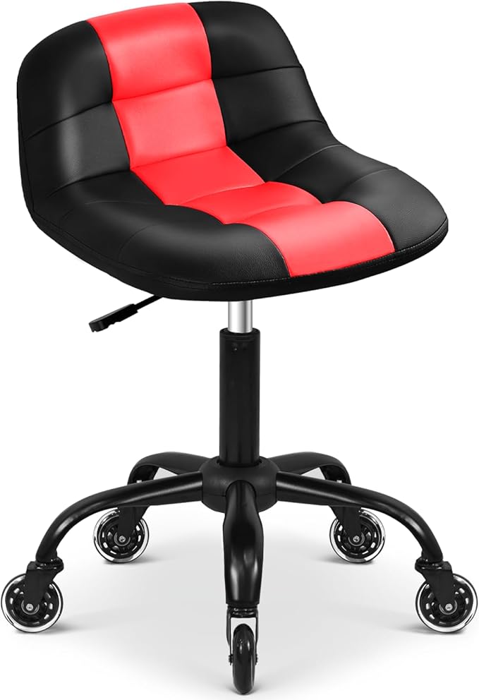 Rolling Stool with Wheels, Garage Shop Stool with Backrest, Roller Seat with Pneumatic Adjustable Height 16.93"-19.69", Heavy Duty Multi-Purpose Chair for Shop Salon Office Home, Red
