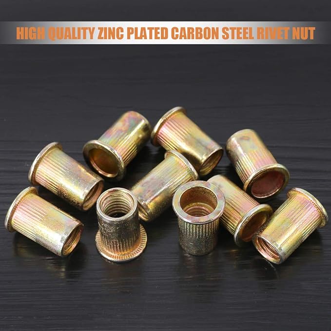Keadic 100Pcs M10 Rivet Nuts Metric Zinc Plated Rivet Nut Carbon Steel Rivet Nut Flat Head Threaded Insert Kit Threaded Rivet Insert Nutsert Rivnuts Kit for Furniture