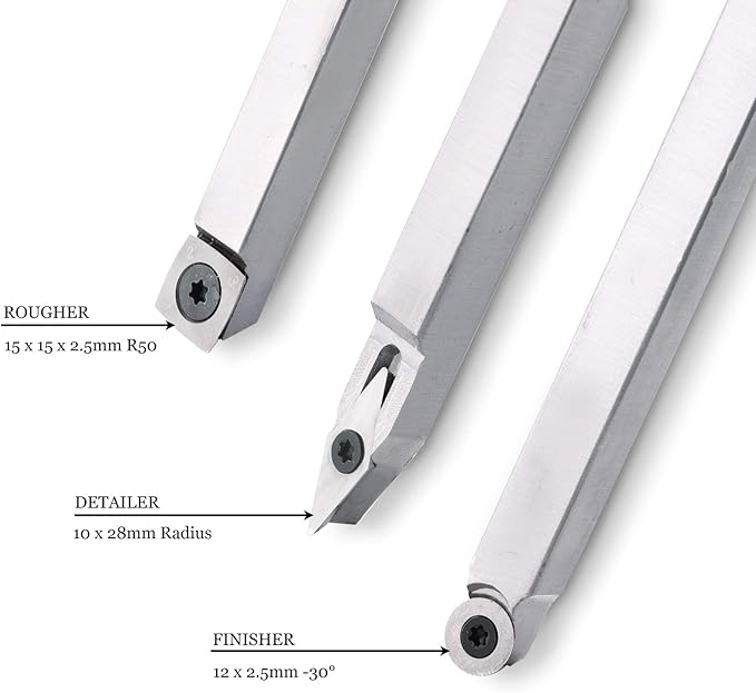 Woodturning Carbide Lathe Tools, 17” Full Size Wood Turning Tool Set of 3 Rougher Detailer Finisher, Includes Replacement Cutter Inserts