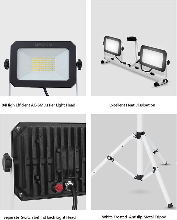 UFOND 10000 Lumen LED Work Light with Stand, Dual Head Work Light, Waterproof Lamp with Individual Switch, Adjustable Metal Telescoping Tripod with Power Cord （2 Pack）
