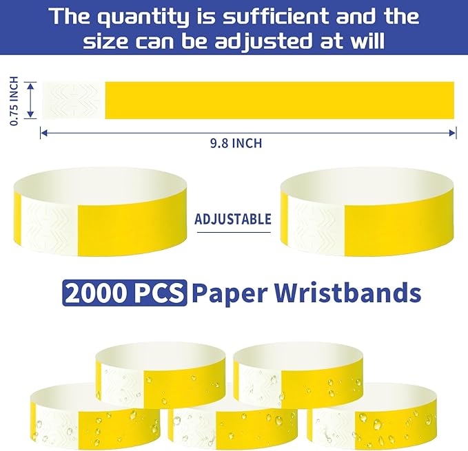 2000 Pcs Paper Wristbands for Events Waterproof Neon Yellow Wrist Bands Adhesive Concert Identification Wristbands Hand Bands for Events(Yellow)