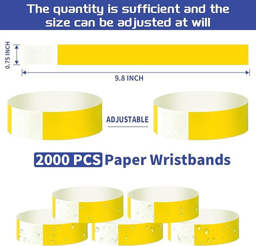 2000 Pcs Paper Wristbands for Events Waterproof Neon Yellow Wrist Bands Adhesive Concert Identification Wristbands Hand Bands for Events(Yellow)