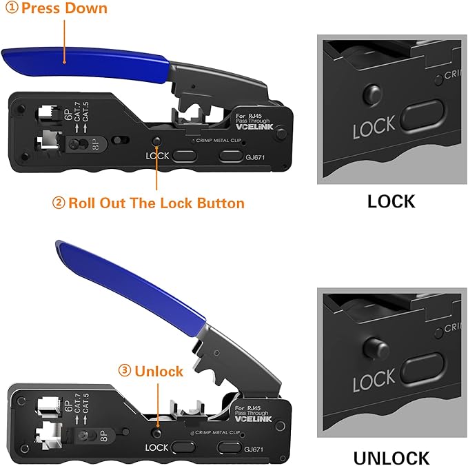 VCELINK RJ45 Crimp Tool Kit for Cat6/Cat7, All-In-One Network Crimper with RJ45 Cat6a/Cat7 Pass-Thru Connectors, Network Cable Tester, Wire Stripper, rj45/rj12/rj11 DIY Repair Set