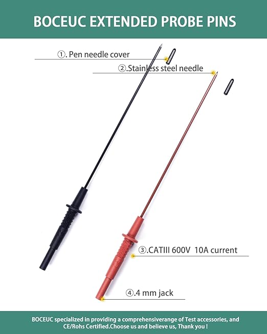 Multimeter Leads, Insulated Test Probe Needle Point Wire Testing Probes, Automotive Extra Sharp Long Reach Prod for Standard 4 mm Test Leads Kit, 600V CAT III
