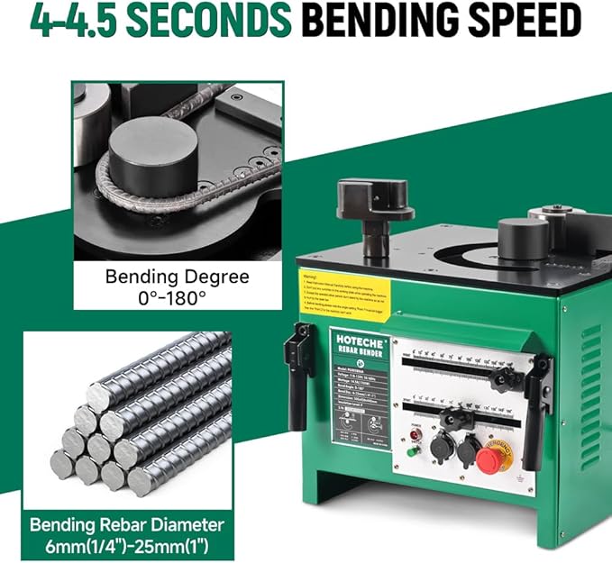 Hoteche 1700W Electric Hydraulic Rebar Bender - Professional 1-Inch Capacity Steel Bar Bending Machine, 0-180° Adjustable Angle, 4.5 Second Bend Speed for #3-#8 Rebar (6mm-25mm) with Foot Pedal