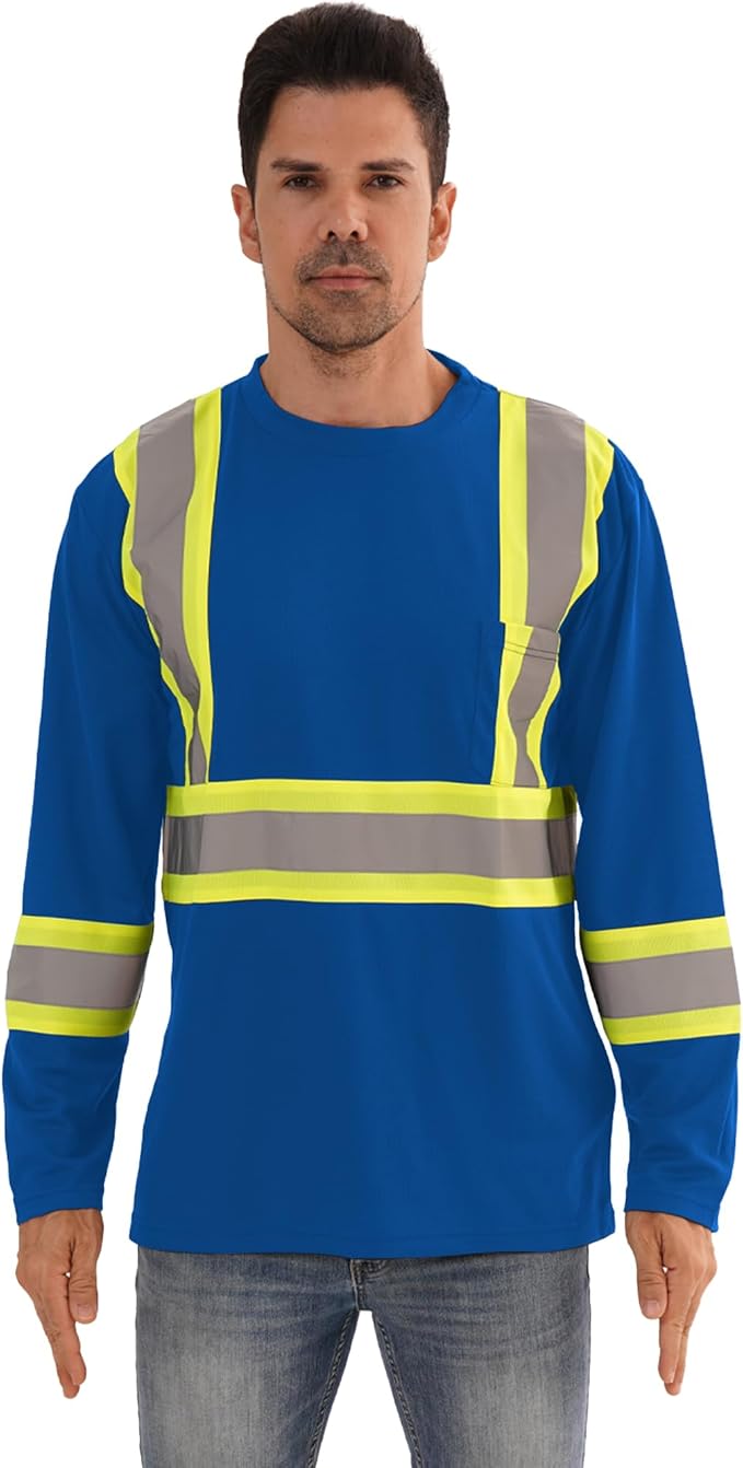 Hi Vis Safety Long Sleeve Shirts，High Visibility Class 3 T Shirts with Reflective Strips and Pocket, Quick Dry Mesh Construction Work Shirt for Men/Women (Blue,4XL)