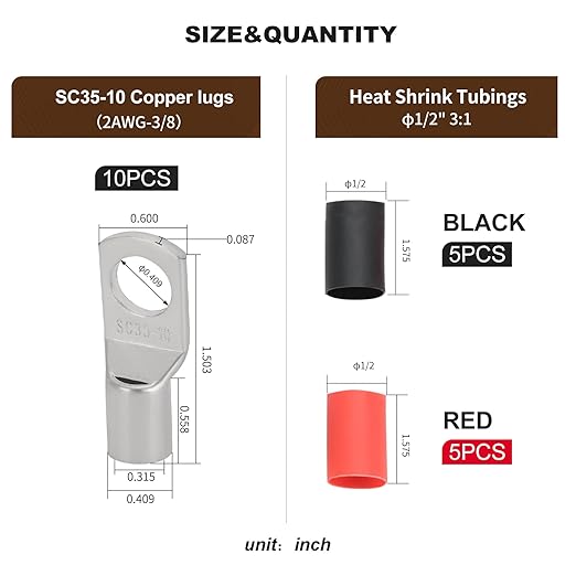 Thick Copper Electric Wire Lugs,10Pcs Tinned Copper Gauge 2Awg-3/8(M10) Ring Heavy Duty Battery Cable Lugs Ends Ring Terminals Connectors with 10Pcs 3:1 Heat Shrink Tubing Assortment Kit