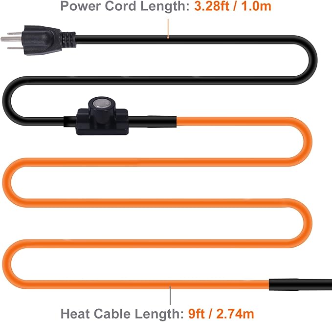 9FT Heat Tape for Water Pipes Freeze Protection IP65 Waterproof 7W/FT 110V BDDFOTO Water Pipe Heat Cable With Thermostat Self-Regulating Pipe Heater for House Garden/RV Camper