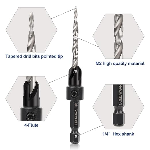 COMOWARE Countersink Drill Bits Set- 5Pcs M2 Counter Sink Bit for Wood High Speed Steel, 4#6#8#10#12, Woodworking Carpentry Reamer with 1 Free Hex Key Wrench