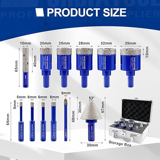 SHDIATOOL Diamond Drill Core Bits,Tile Drilling Core Hole Saw Kit for Porcelain Marble Ceramic Granite with 1/4 Carbide Positioning Drill Bit 12pcs (5/6/6/8/20/25/28/32/35MM/6MM/30MM/10MM)