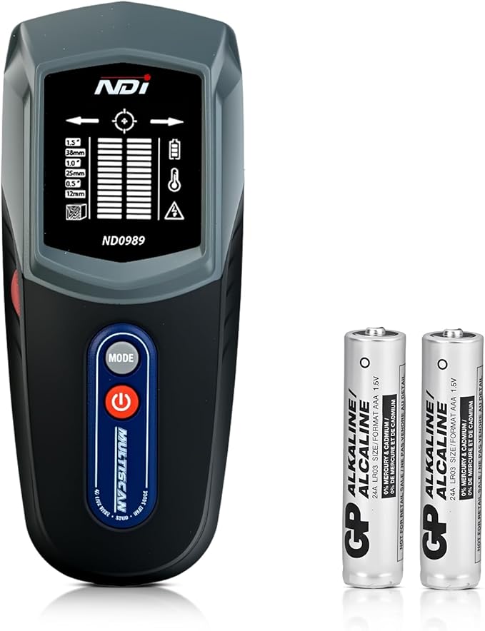 NDI ND0989 Multi-Function Stud Finder and Heat Source Detector Accurate Detection of Studs, AC Live Wires, and Heat Sources Behind Walls Ideal for Home Improvement, Electrical Installation