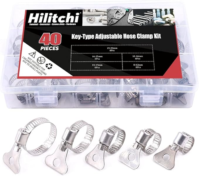 Hilitchi 40-Pcs 8-29mm Clamping Range Butterfly Key-Type Adjustable Hose Pipe Worm Gear Clamps Assortment Kit, Clamps Ideal for Plumbing, Automotive - - 304 Stainless Steel